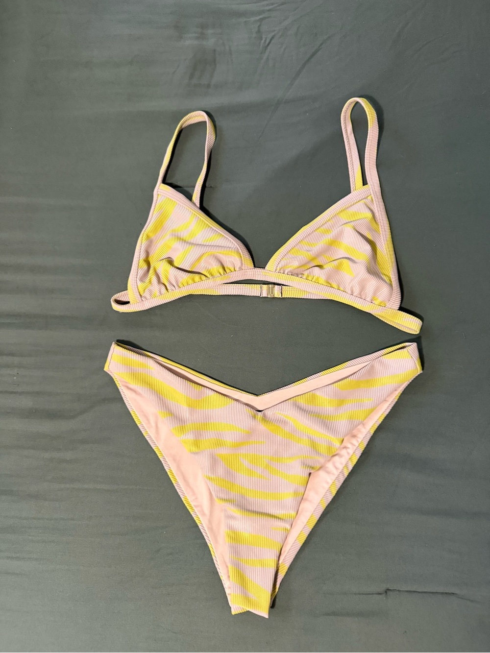 Beach Riot Neon Green & Tan Striped Triangle Bikini